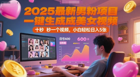 2025最新男粉项目，一键生成美女视频，日引600+色粉 十秒一个视频，小白轻松日入5张【揭秘】-吾爱创业网