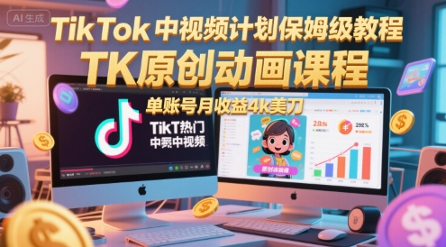 TikTok中视频计划保姆级教程，TK原创动画课程，单账号月收益4k美刀-吾爱创业网