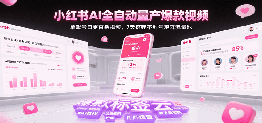 小红书AI全自动量产爆款视频，单账号日更百条视频，7天搭建不封号矩阵流量池-吾爱创业网