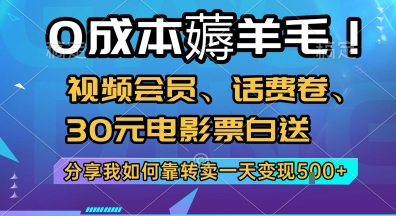 0成本薅羊毛!视频会员、话费卷、30元电影票白送，分享我如何靠转卖一天变现5张+【揭秘】-吾爱创业网