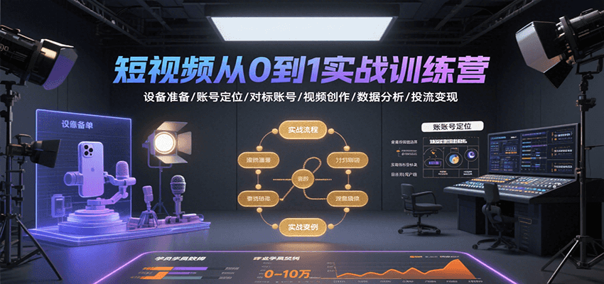 短视频从0到1实战训练营：设备准备/账号定位/对标账号/视频创作/数据分析/投流变现-吾爱创业网