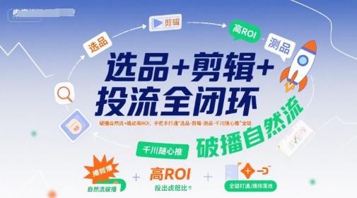 选品+剪辑+投流全闭环，破播自然流+撬动高ROI，手把手打通“选品-剪辑-测品-千川随心推”全链-吾爱创业网