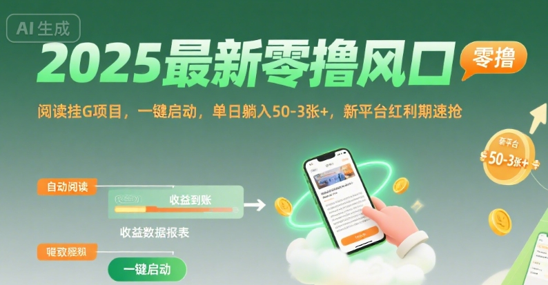 2025最新零撸风口，阅读挂G项目，一键启动，单日躺入 50-3张+，新平台红利期速抢【揭秘】-吾爱创业网