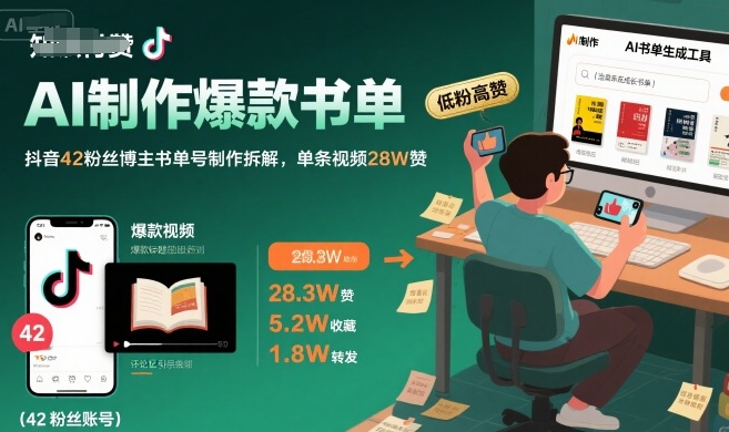 AI制作爆款书单，抖音42粉丝博主书单号制作拆解，单条视频28W赞-吾爱创业网