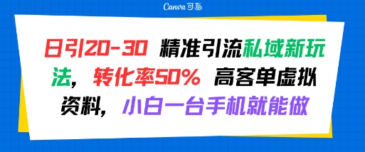 日引 20-30 精准引流私域新玩法，转化率50% 高客单虚拟资料，小白一台手机就能做-吾爱创业网