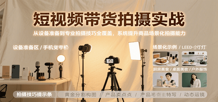 短视频带货拍摄实战，从设备准备到专业拍摄技巧全覆盖，系统提升商品场景化拍摄能力-吾爱创业网