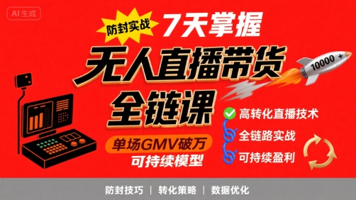 无人直播带货全链防封实战课，7天掌握高转化直播技术，实现单场GMV破万可持续模型-吾爱创业网