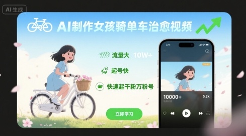 AI制作女孩骑单车治愈视频，流量大，起号快，快速起千粉万粉号-吾爱创业网