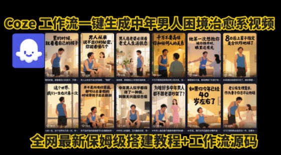 coze工作流一键生成”中年男人困境扎心高涨粉高播放量图文视频”保姆级拆解教程，无需剪辑，无需拍摄写文案-吾爱创业网