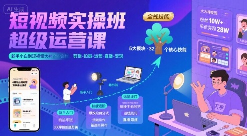 短视频实操班超级运营课，新手小白到短视频大神必修课程，剪辑-拍摄-运营-直播-变现-吾爱创业网
