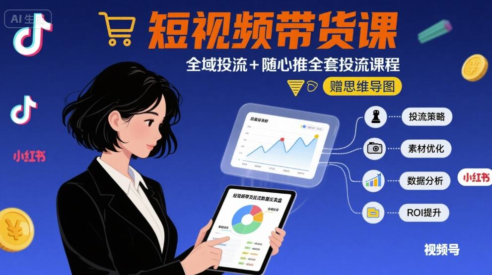 最新短视频带货课，全域投流+随心推全套投流课程+思维导图-吾爱创业网