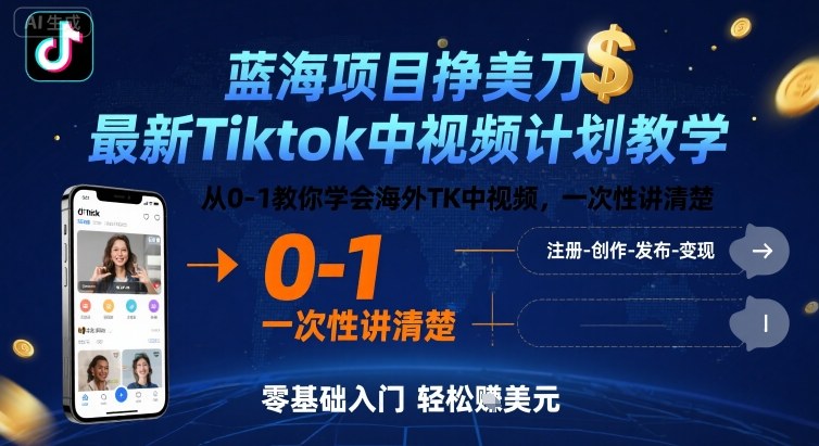 蓝海项目挣美刀，最新Tiktok中视频计划教学，从0-1教你学会海外TK中视频，一次性讲清楚-吾爱创业网