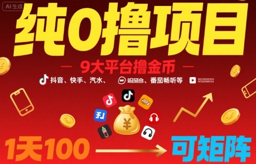 纯0撸项目，9大平台撸金币，抖音，快手，汽水，番茄畅听等，1天100，可矩阵-吾爱创业网