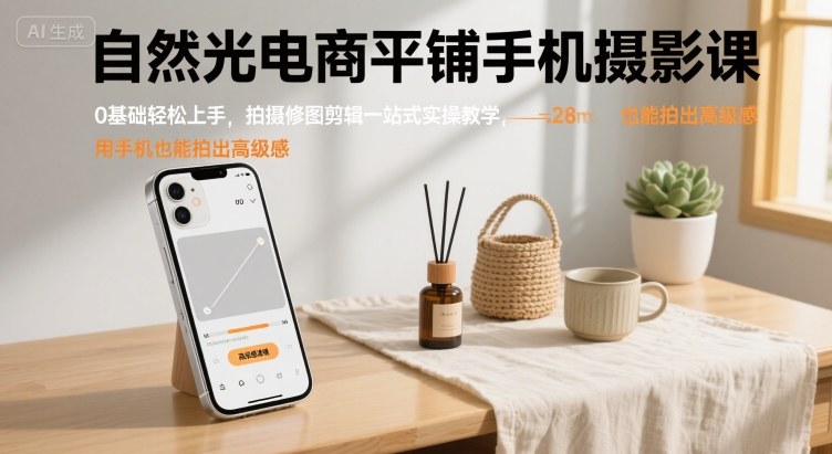 自然光电商平铺手机摄影课，0基础轻松上手，拍摄修图剪辑一站式实操教学，用手机也能拍出高级感-吾爱创业网