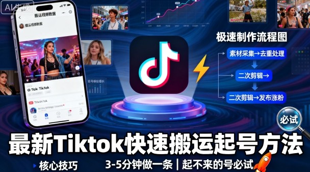 最新Tiktok快速搬运快速起号方法，3-5分钟做一条，起不来的号可以试试-吾爱创业网
