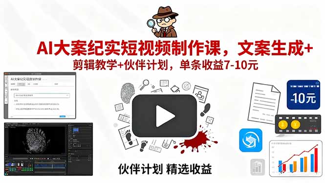 （15992期）AI大案纪实短视频制作课，文案生成+剪辑教学+伙伴计划，单条收益7-10元-吾爱创业网