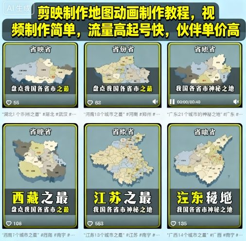 剪映制作地图动画制作教程，视频制作简单，流量高起号快，伙伴单价高-吾爱创业网