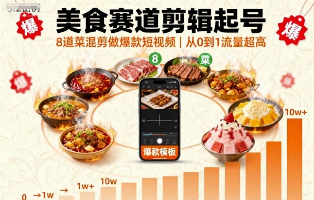 美食赛道剪辑起号，8道菜混剪做爆款短视频，从0到1，流量超高-吾爱创业网