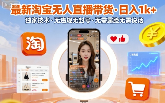 最新淘宝无人直播带货，日入1k+，独家技术，无违规无封号，无需露脸无需说话【揭秘】-吾爱创业网