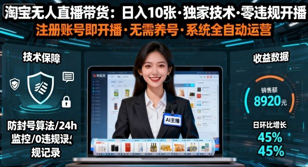 【最新】淘宝无人直播带货，日入10张，独家技术，无违规无封号，注册账号直接开播，不用养号【揭秘】-吾爱创业网