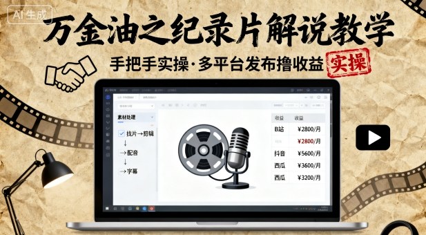 万金油之纪录片解说教学，手把手教你，完全实操，多平台发布撸收益-吾爱创业网