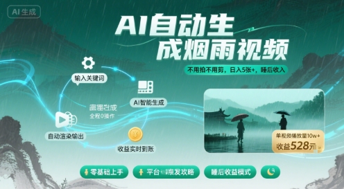 不用拍不用剪！AI自动生成烟雨视频，日入5张+，睡后收入-吾爱创业网