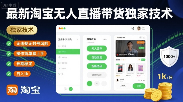 最新淘宝无人直播带货独家技术，无违规无封号风险，操作简单易上手，长期稳定日入1k【揭秘】-吾爱创业网