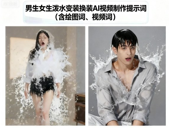 男生女生泼水变装换装AI视频制作提示词(含绘图词、视频词)-吾爱创业网
