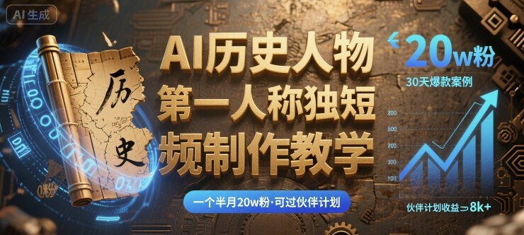 最新AI历史人物第一人称独白短视频制作教学，一个半月20w粉，可过伙伴计划-吾爱创业网