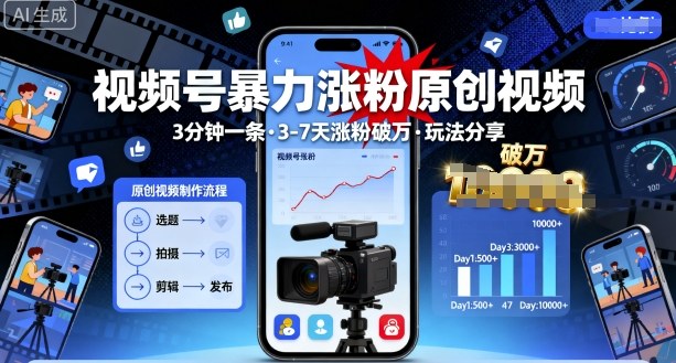 视频号暴力涨粉原创视频，3分钟一条原创视频，3-7天涨粉破万，玩法分享给你-吾爱创业网