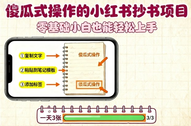 傻瓜式操作的小红书抄书项目，会复制粘贴就行，零基础小白也能一天3张-吾爱创业网