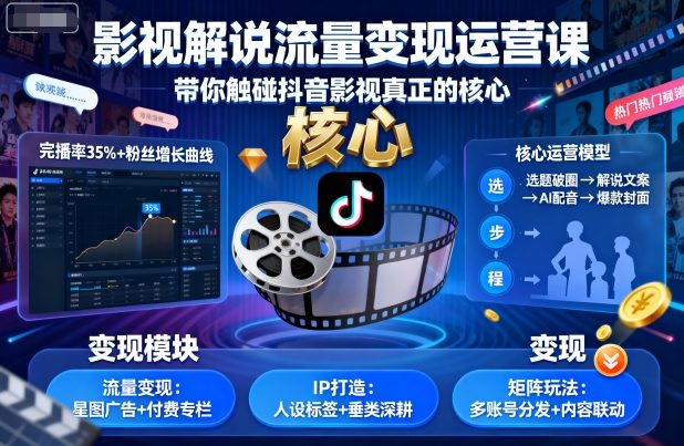 影视解说流量变现运营课，带你触碰抖音影视真正的核心-吾爱创业网