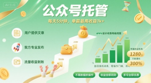 【公众号托管 】我提供文章，你发布，每天5分钟，单篇最高收益1k+【揭秘】-吾爱创业网