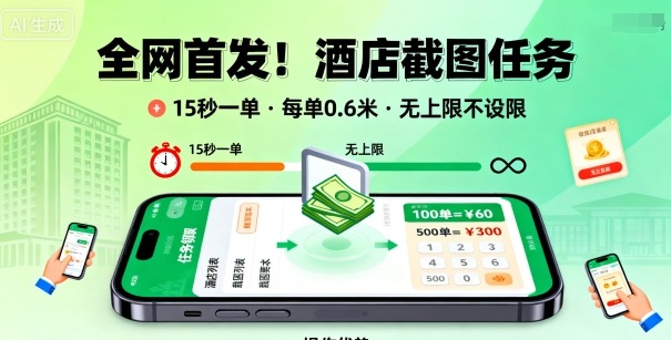 全网首发！酒店截图任务，15秒一单，每单0.6米，任务无上限不设限，矩阵操作单日3张到手【揭秘】-吾爱创业网