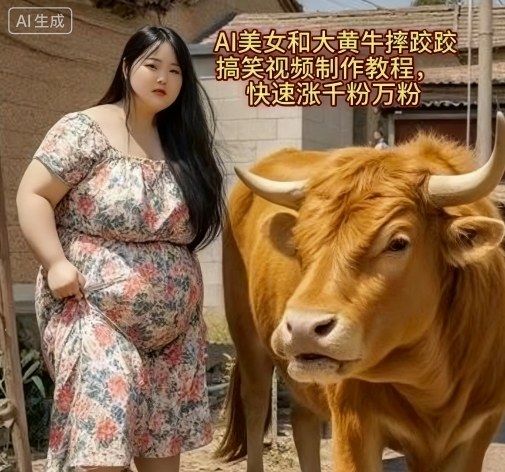 AI美女和大黄牛摔跤搞笑荒诞视频制作教程，快速涨千粉万粉-吾爱创业网