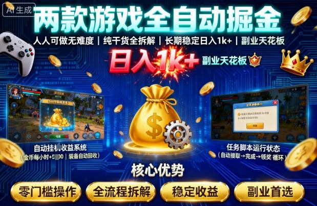 两款游戏全自动掘金，人人可做无难度，纯干货全拆解，长期稳定，日入1k+，副业天花板【揭秘】-吾爱创业网