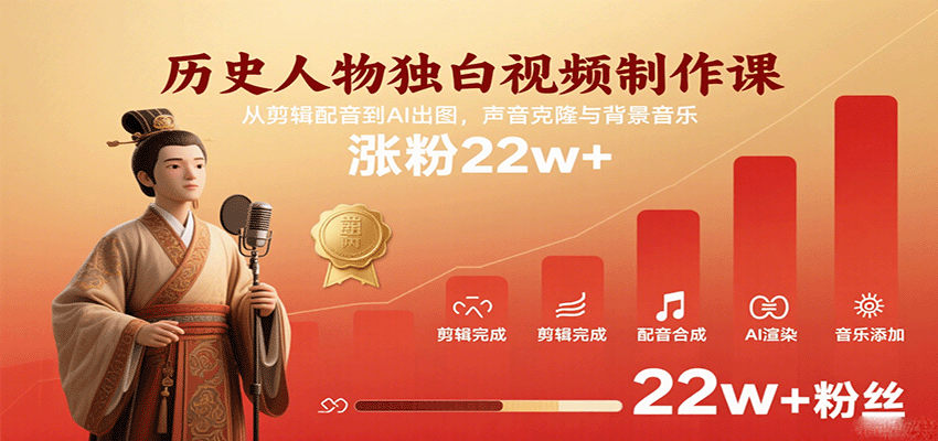 历史人物独白视频制作课，从剪辑配音到AI出图，声音克隆与背景音乐，涨粉22w+-吾爱创业网