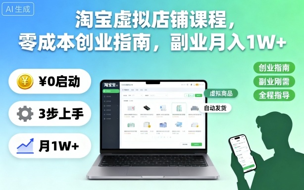 淘宝虚拟店铺课程,零成本创业指南,副业月入1W+-吾爱创业网