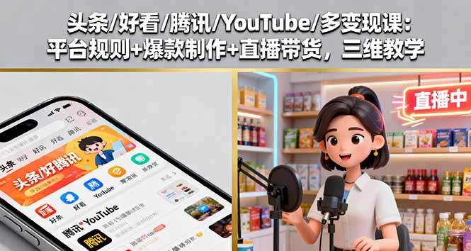 （16147期）头条/好看/腾讯/YouTube/多变现课：平台规则+爆款制作+直播带货，三维教学-吾爱创业网