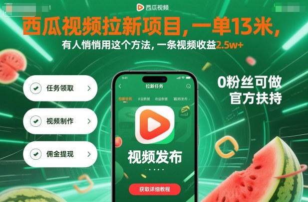 西瓜视频拉新项目,一单13米,有人悄悄用这个方法,一条视频收益2.5w+(附详细教程)-吾爱创业网