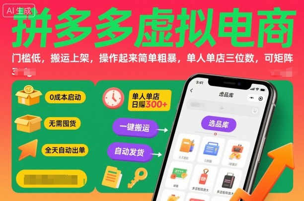 拼多多虚拟电商，门槛低，搬运上架，操作起来简单粗暴，单人单店三位数，可矩阵-吾爱创业网