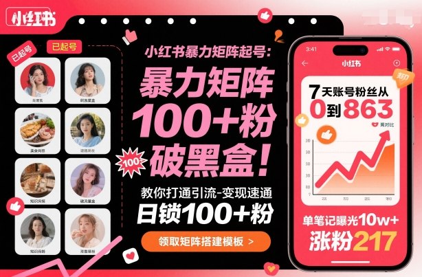 小红书暴力矩阵起号,教你打通引流-变现速通,日锁100+粉,破流量黑盒-吾爱创业网
