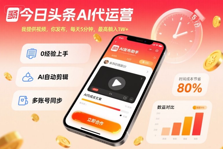 今日头条AI代运营,我提供视频,你发布,每天5分钟,最高躺入1W+【揭秘】-吾爱创业网