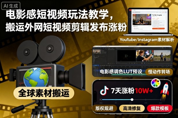 电影感短视频玩法教学,搬运外网短视频剪辑发布涨粉-吾爱创业网