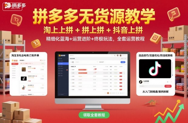 拼多多无货源教学,淘上拼+拼上拼+抖上拼,精细化蓝海+运营进阶+终极玩法,全套运营教程-吾爱创业网
