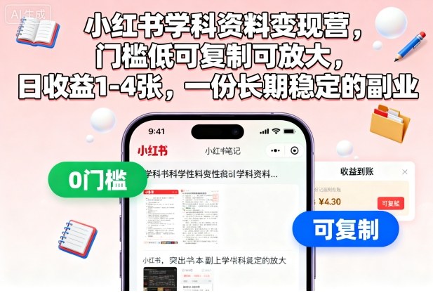 小红书学科资料变现营,门槛低可复制可放大,日收益1-4张,一份长期稳定的副业-吾爱创业网