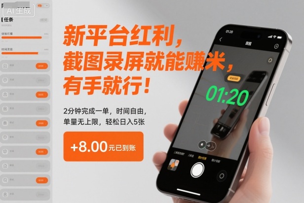 新平台红利，截图录屏就能賺米，有手就行！2分钟完成一单，时间自由，单量无上限，轻松日入5张【揭秘】-吾爱创业网