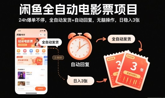 闲鱼全自动电影票项目,24h爆单不停,全自动发货+自动回复,无脑操作,日稳入3张【揭秘】-吾爱创业网