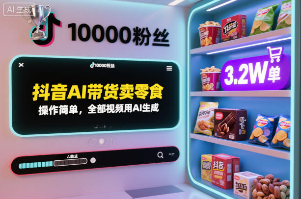 抖音AI带货卖零食，操作简单，全部视频用AI生成，一万粉丝，卖了3.2W单-吾爱创业网