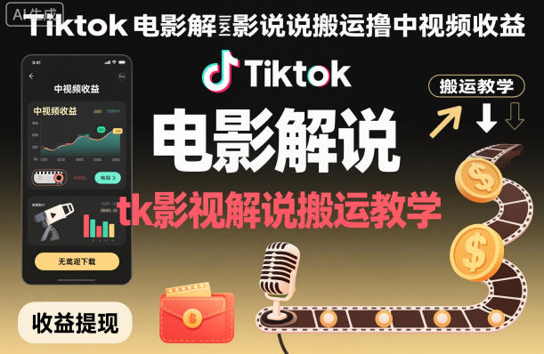Tiktok电影解说搬运撸中视频收益,tk影视解说搬运教学-吾爱创业网